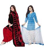 Mirraw Classique Black Crepe and Blue Synthetic Printed Salwar Suits Unstitched Dress Material - Pack of 2