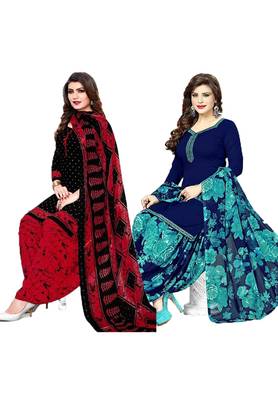 Mirraw Classique Black and Navy Blue Crepe Printed Salwar Suits Unstitched Dress Material - Pack of 2 1