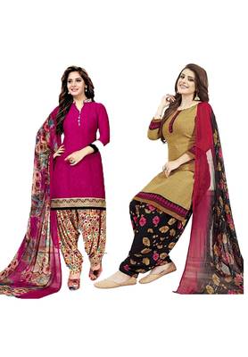 Mirraw Classique Pink and Beige Crepe Printed Salwar Suits Unstitched Dress material with Dupatta Design 1 - Pack of 2 1