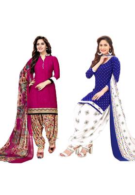 Mirraw Classique Pink and Blue Crepe Printed Salwar Suits Unstitched Dress Material - Pack of 2 1