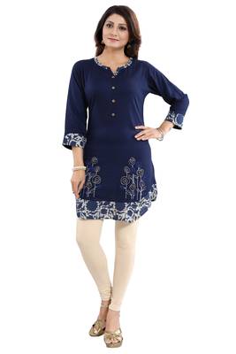 Blue embroidered rayon short-kurtis 1