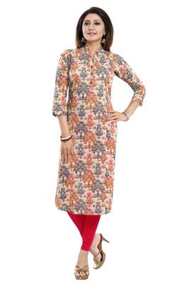 Beige printed cotton long-kurtis 1