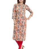 Beige printed cotton long-kurtis