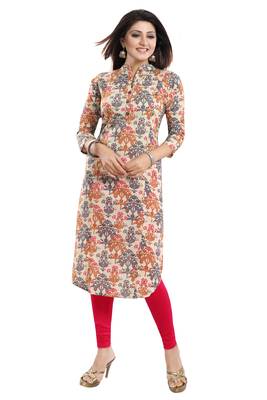 Beige printed cotton long-kurtis 3