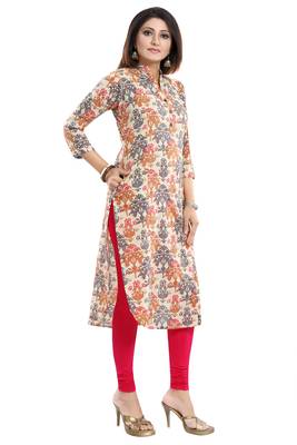 Beige printed cotton long-kurtis 4