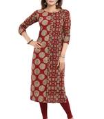 Red printed cotton long-kurtis
