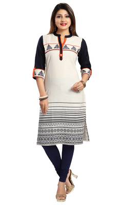 Cream printed cotton long-kurtis 1