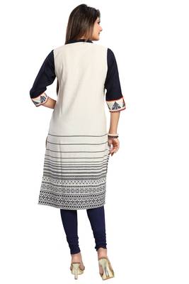 Cream printed cotton long-kurtis 2