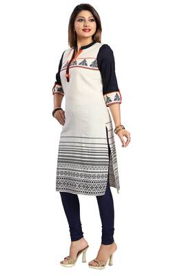 Cream printed cotton long-kurtis 3