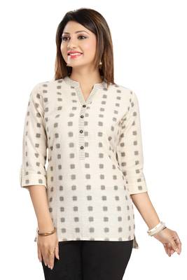 Cream printed cotton short-kurtis 1