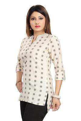Cream printed cotton short-kurtis 3