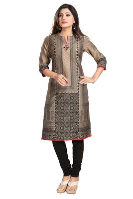 Beige printed cotton silk long-kurtis 1