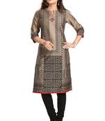 Beige printed cotton silk long-kurtis