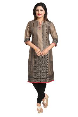 Beige printed cotton silk long-kurtis 4