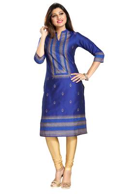 Blue printed cotton silk long-kurtis 1