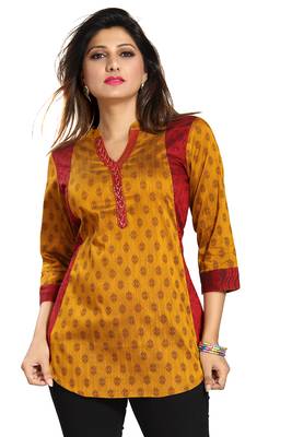 Yellow printed cotton silk short-kurtis 1