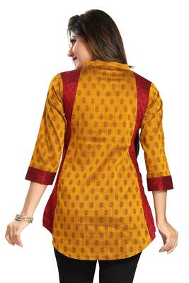 Yellow printed cotton silk short-kurtis 2