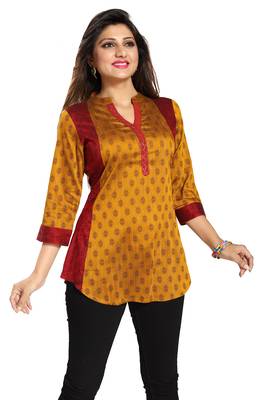 Yellow printed cotton silk short-kurtis 3