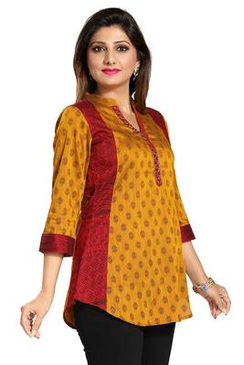 Yellow printed cotton silk short-kurtis 4