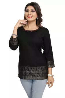 Black printed rayon short-kurtis