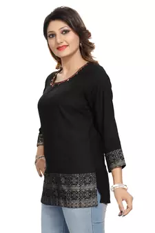 Black printed rayon short-kurtis