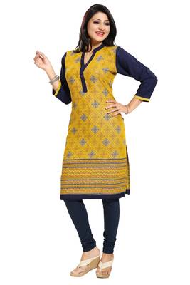 Yellow printed rayon long-kurtis 1