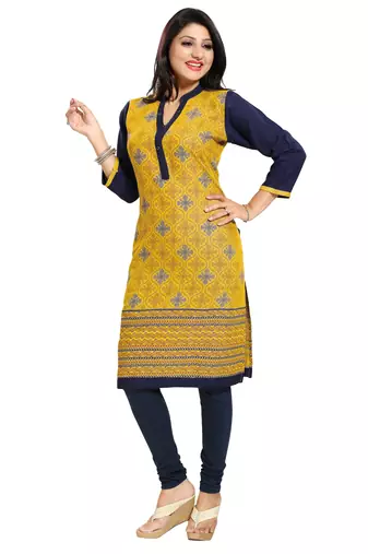 Yellow printed rayon long-kurtis