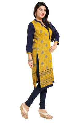 Yellow printed rayon long-kurtis 3