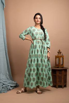 KAAJH Green Printed Cotton Anarkali Kurta 1