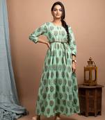 KAAJH Green Printed Cotton Anarkali Kurta