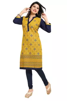 Yellow printed rayon long-kurtis