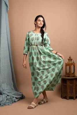 KAAJH Green Printed Cotton Anarkali Kurta 2