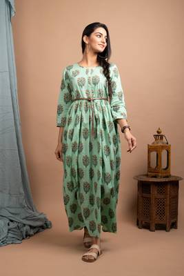 KAAJH Green Printed Cotton Anarkali Kurta 3
