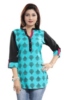 Green printed cotton short-kurtis