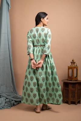 KAAJH Green Printed Cotton Anarkali Kurta 4