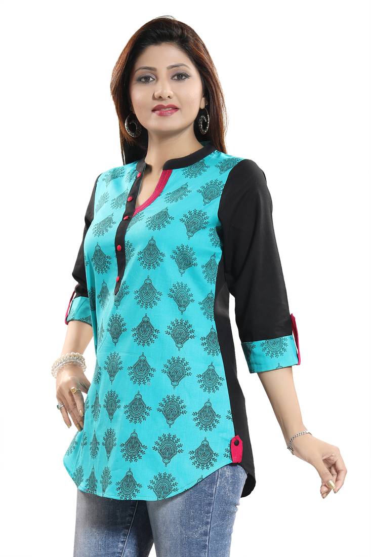Green printed cotton short-kurtis