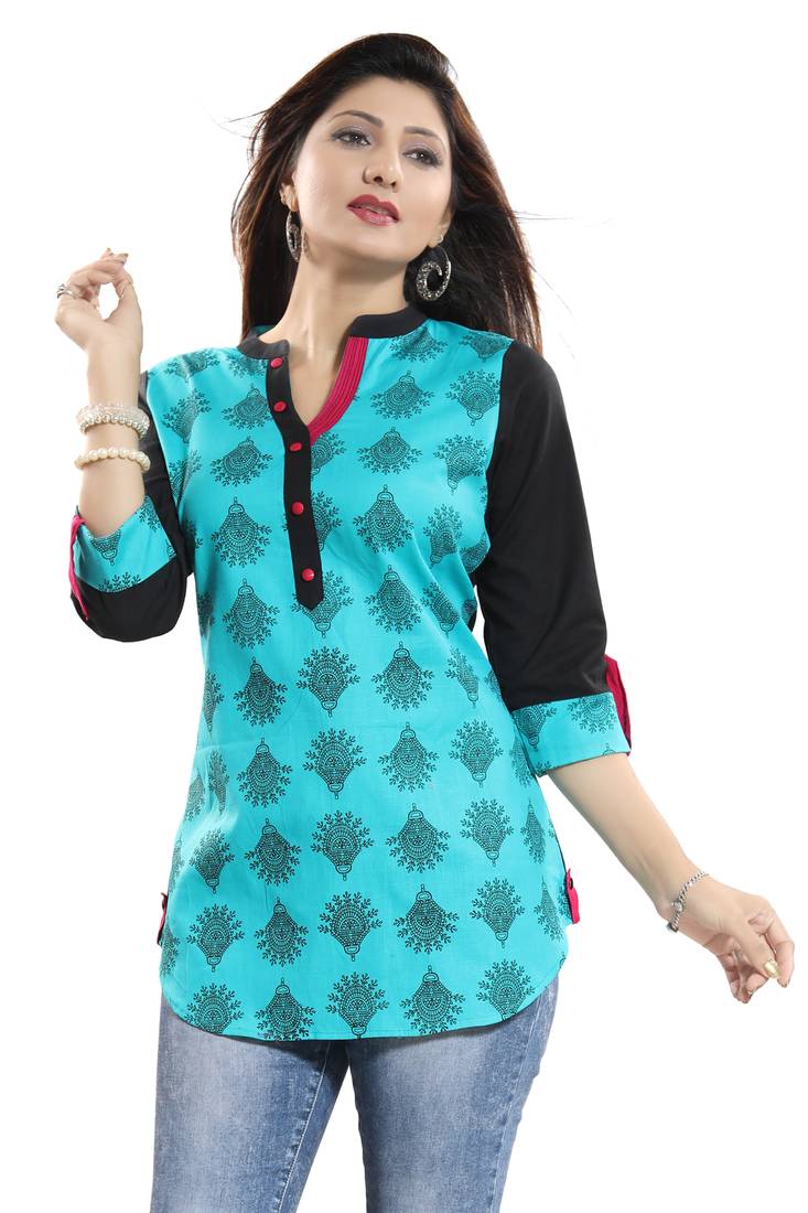 Green printed cotton short-kurtis