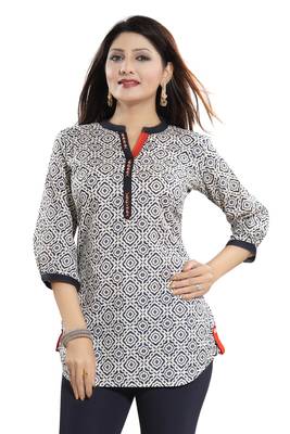 Cream printed cotton short-kurtis 1