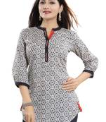 Cream printed cotton short-kurtis