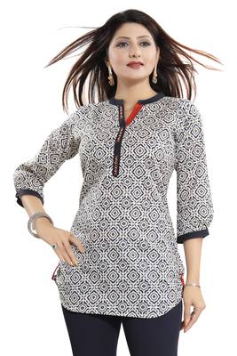 Cream printed cotton short-kurtis 4