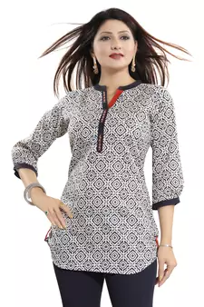 Cream printed cotton short-kurtis