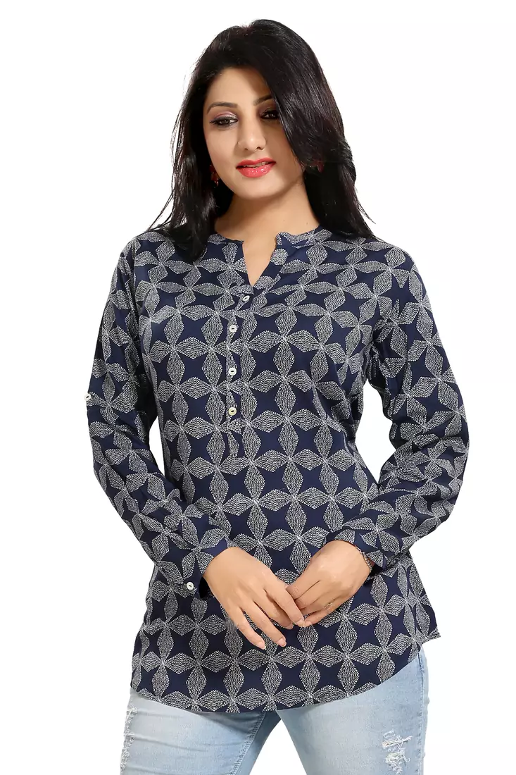 Blue printed rayon short-kurtis