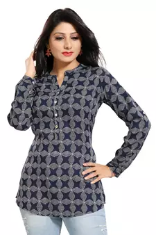 Blue printed rayon short-kurtis