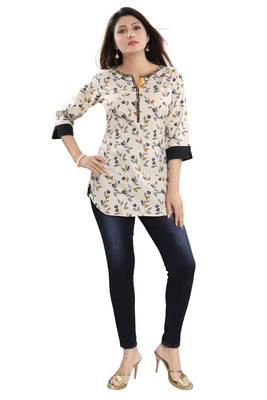 Cream printed cotton short-kurtis 1