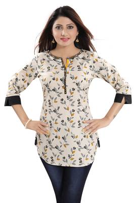 Cream printed cotton short-kurtis 3