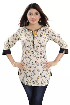 Cream printed cotton short-kurtis