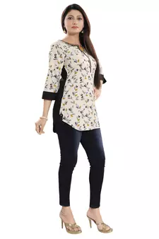 Cream printed cotton short-kurtis