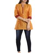 Yellow printed cotton silk short-kurtis