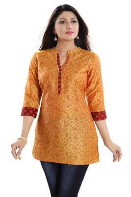 Yellow printed cotton silk short-kurtis 3