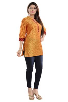 Yellow printed cotton silk short-kurtis 4
